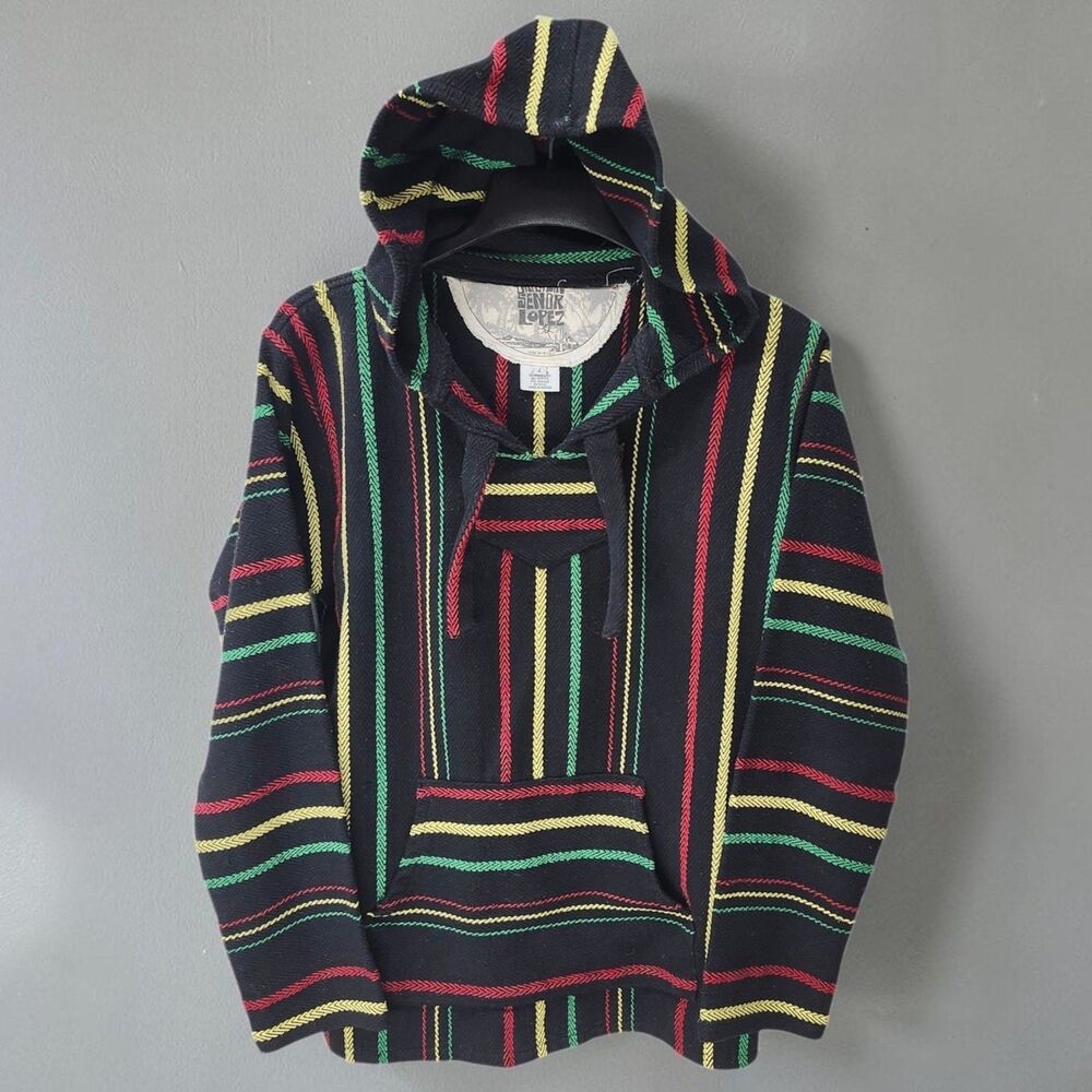 Original Senor Lopez Rasta Baja Hoodie Mens Large Black Striped Drug Rug Reggae
